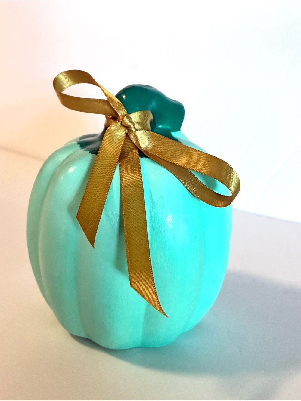 Turquoise Decorative Pumpkin with Gold Ribbon